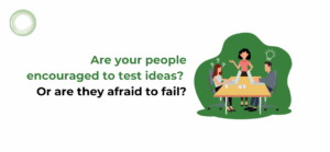 Illustration of three coworkers at a desk, one presenting and others appearing uncertain. Text reads: 'Are your people encouraged to test ideas? Or are they afraid to fail?'