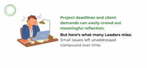 Illustration of a stressed individual sitting at a cluttered desk with a laptop, papers, and a lamp. The text reads: “Project deadlines and client demands can easily crowd out meaningful reflection. But here’s what many leaders miss: Small issues left unaddressed compound over time.”