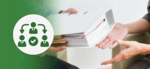 A businessperson hands over a large binder of documents to another person, symbolizing the act of delegation. A circular icon overlay on the left features a graphic of four professional figures connected by arrows and a checkmark in the center, indicating successful task distribution within a team. The green gradient reinforces a leadership and growth theme.
