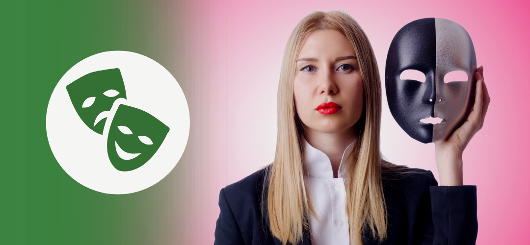 "3 Surprising Ways to Deal with CEO Impostor Syndrome" Professional woman holding a two-tone theatrical mask beside her face, symbolizing CEO impostor syndrome and the hidden challenges of executive leadership.