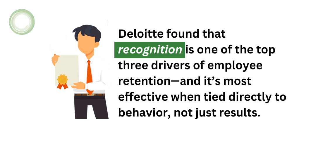 Recognition as a Retention Driver An illustration of a person in a tie holding a certificate with a gold ribbon. Text reads: “Deloitte found that recognition is one of the top three drivers of employee retention—and it’s most effective when tied directly to behavior, not just results.”