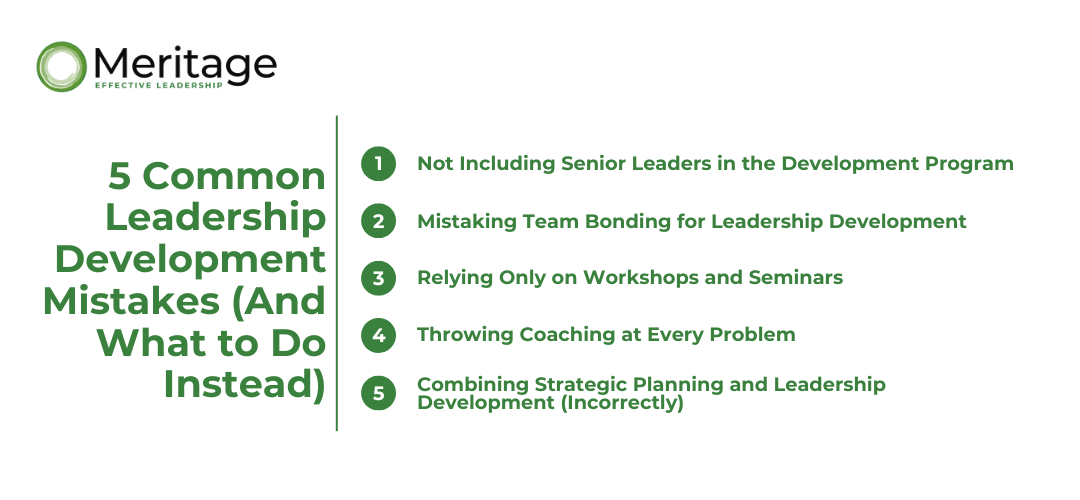 A branded Meritage graphic listing five common leadership development mistakes with green numbered bullets: Not including senior leaders in the development program Mistaking team bonding for leadership development Relying only on workshops and seminars Throwing coaching at every problem Combining strategic planning and leadership development (incorrectly)