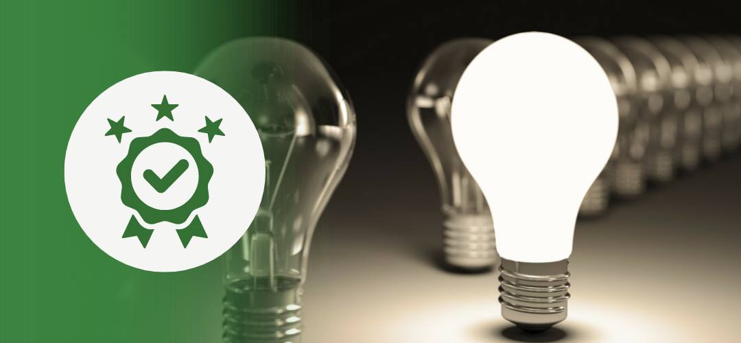A row of unlit lightbulbs in the background with one glowing bulb in the foreground, symbolizing innovation and standout leadership. On the left, a green overlay with a white circle features an icon of a ribbon with a check mark and three stars—representing excellence and achievement.