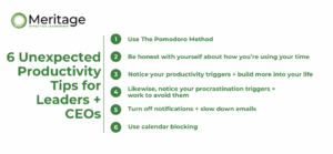 6 Unexpected Productivity Tips for Leaders + CEOs Giant asterisk! There’s no single productivity tip that works for everyone, all the time. Some of these tips work for some people, some of the time. The projects you’re working on, the time of day, even what you ate for breakfast can affect how productive you are. View this as an experiment: try, evaluate, tweak, and try again.