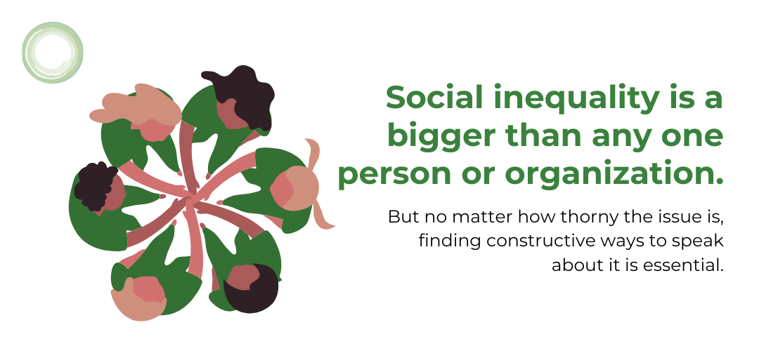 Illustration of six diverse individuals sitting in a circle, viewed from above. To the right, bold green and black text reads: “Social inequality is bigger than any one person or organization. But no matter how thorny the issue is, finding constructive ways to speak about it is essential.”