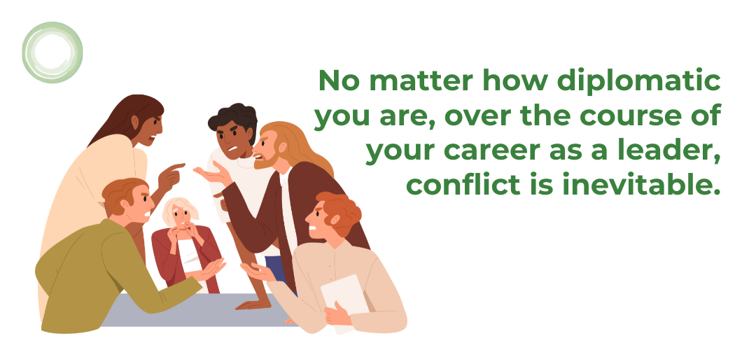 Illustration of a diverse group of people in a heated discussion around a table, next to the text: “No matter how diplomatic you are, over the course of your career as a leader, conflict is inevitable.”