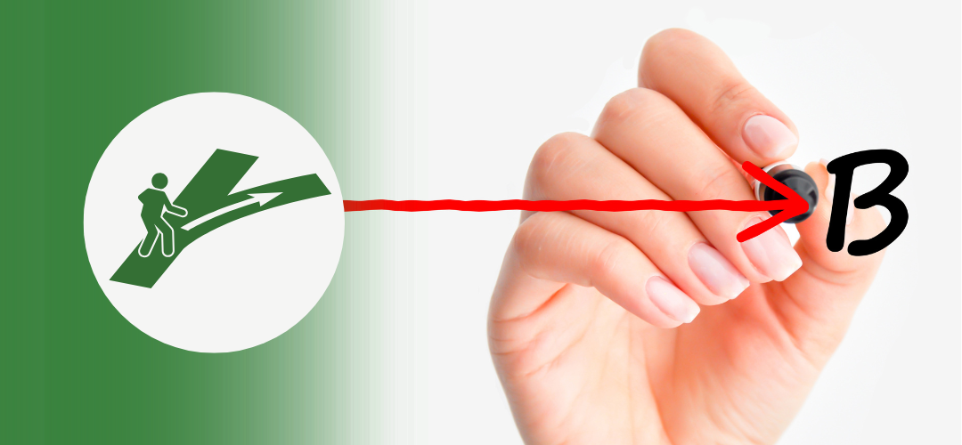 A visual metaphor showing a person icon at a fork in the road on the left side (green background) with a bold red arrow drawn across to the right, pointing to a handwritten letter “B.” A hand is holding a marker, actively drawing the arrow—symbolizing movement, progress, or guiding someone directly from point A to point B.