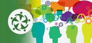Colorful graphic showing silhouetted heads in different colors with speech bubbles and interlocking gears above them, symbolizing conversation and collaboration. On the left, a green overlay with a white circle contains a stylized icon of people holding hands in a circular formation—representing unity and inclusion.
