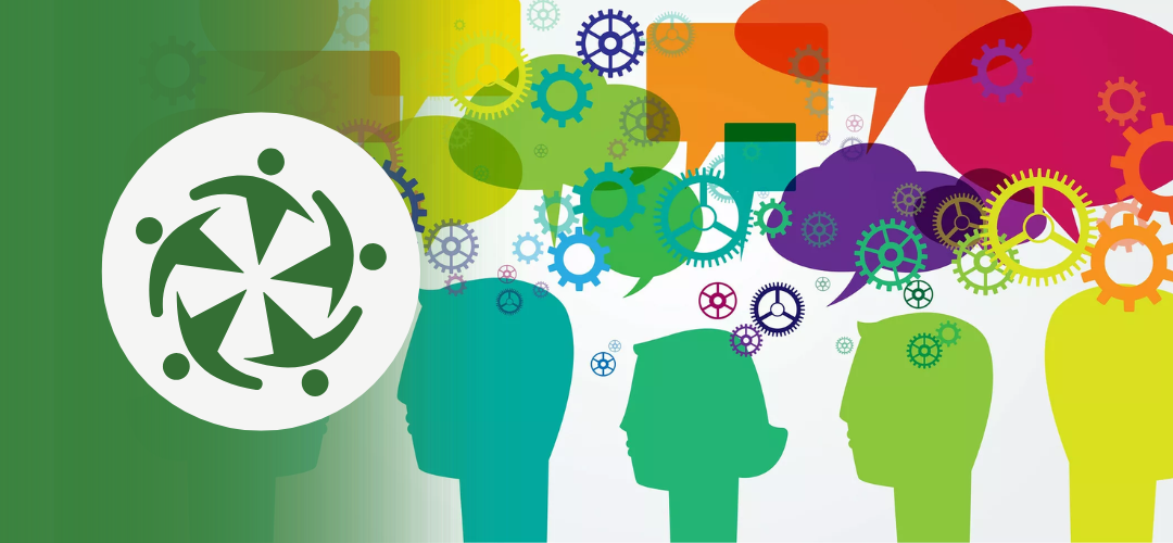Colorful graphic showing silhouetted heads in different colors with speech bubbles and interlocking gears above them, symbolizing conversation and collaboration. On the left, a green overlay with a white circle contains a stylized icon of people holding hands in a circular formation—representing unity and inclusion.