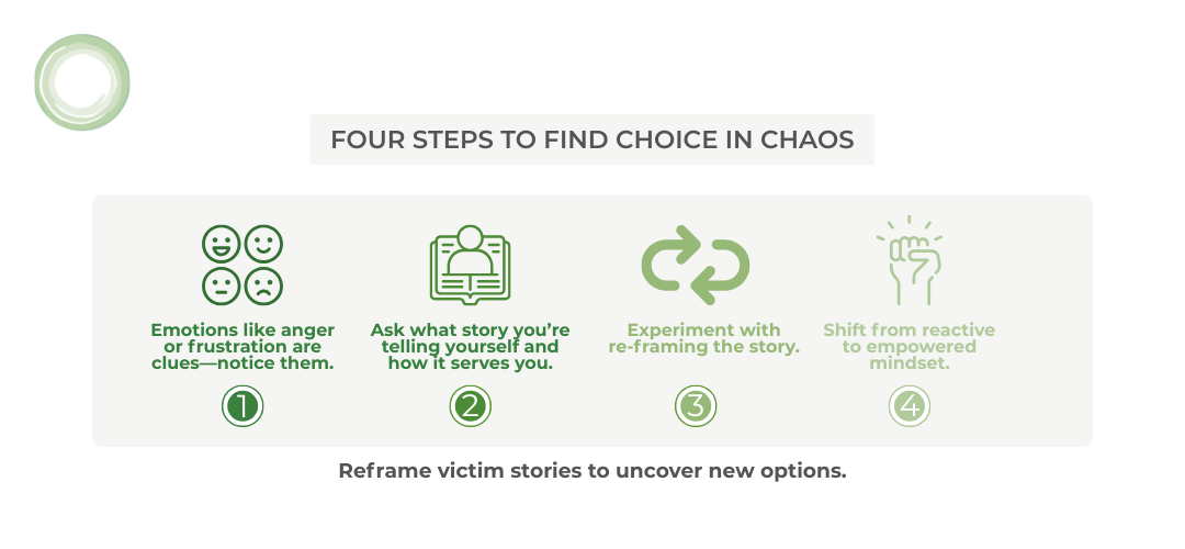 A visual titled “Four Steps to Find Choice in Chaos” with four green icons representing each step: Emotions like anger or frustration are clues—notice them (faces with various expressions). Ask what story you’re telling yourself and how it serves you (a person reading a book). Experiment with re-framing the story (circular arrows). Shift from reactive to empowered mindset (raised fist with sparkles). The tagline at the bottom reads: “Reframe victim stories to uncover new options.”
