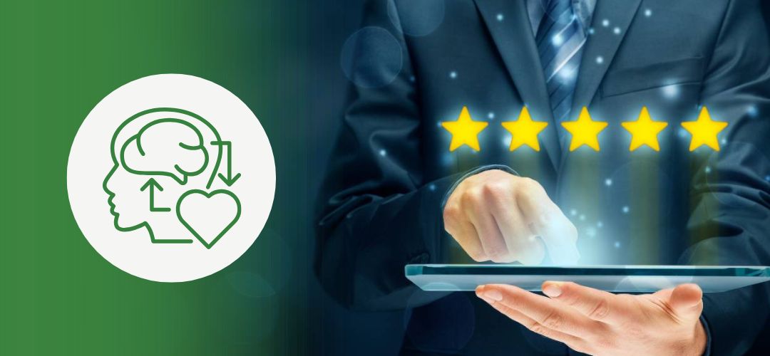 "How to Assess Your Own Emotional Intelligence" Business professional using digital tablet to evaluate emotional intelligence with five-star rating icons, symbolizing self-assessment and leadership development in the workplace.