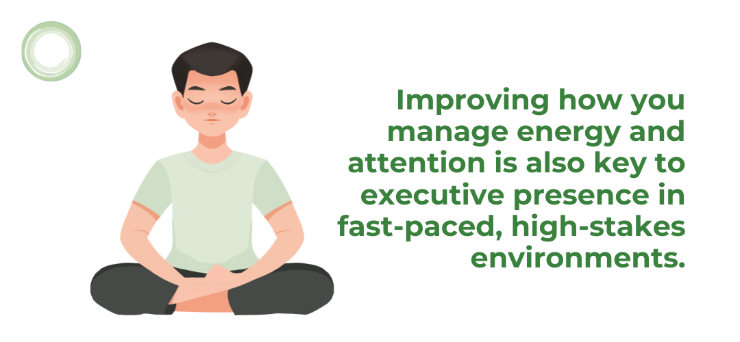 Illustration of a person meditating with eyes closed, seated in a cross-legged position, next to the text: 