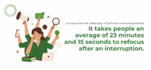 In fact, a study from the University of California Irvine showed that it takes people an average of 23 minutes and 15 seconds to refocus after an interruption. You owe it to yourself (and your productivity) to cordon off a few two-hour blocks each week to really dig into your big projects. So put those big projects in your Outlook calendar, with a big “Not available” note, and then don’t allow anyone to schedule anything for that time.