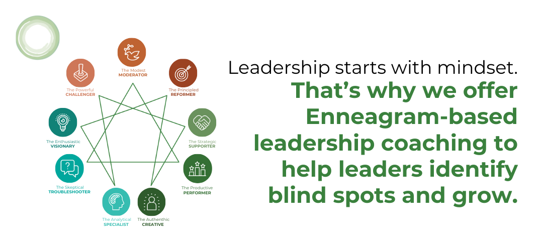 An Enneagram diagram with nine distinct leadership types is displayed alongside the text, “Leadership starts with mindset. That’s why we offer Enneagram-based leadership coaching to help leaders identify blind spots and grow.” Each type has a corresponding label and icon, color-coded for clarity.