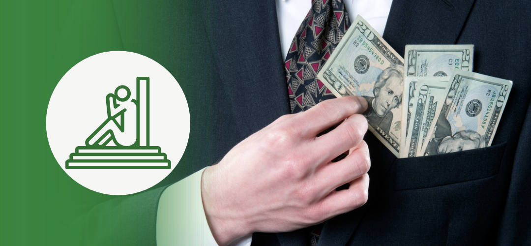 A businessman in a suit places multiple $20 bills into his chest pocket. On the left, a green overlay features a white circle with an icon of a person sitting on stairs leaning against a wall—representing sadness or defeat, often used to depict the victim mindset. The image contrasts the emotional toll of that mindset with hidden financial or leadership consequences.